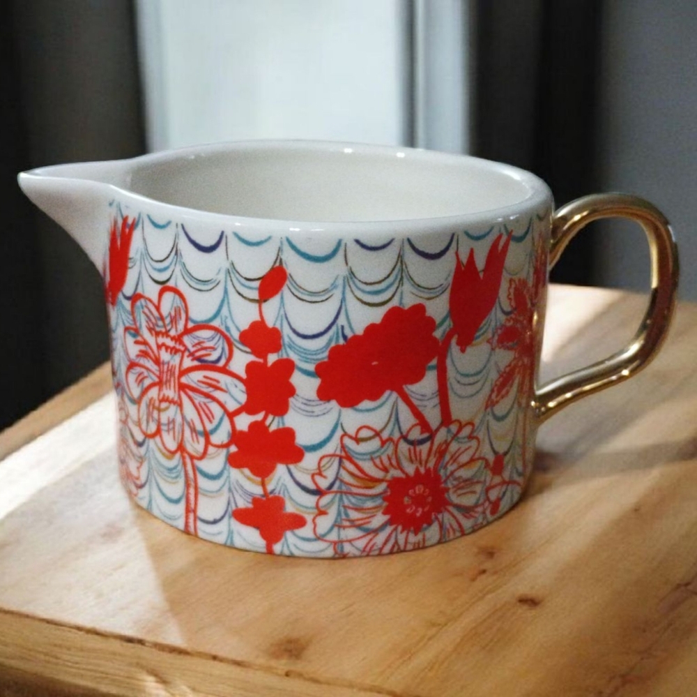 Anthropologie Lauren McIntosh Floral Red and Gold Ceramic Pitcher Tea